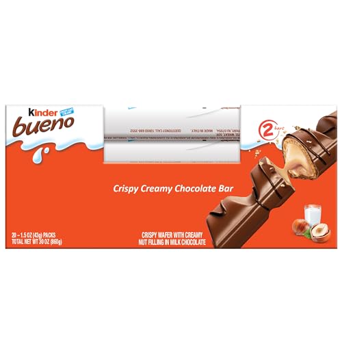 Kinder Bueno Milk Chocolate and Hazelnut Cream, Bulk 20 Pack, 2 Individually Wrapped Chocolate Bars Per Pack, 30 oz