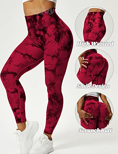 VOYJOY Tie Dye Seamless Leggings for Women High Waist Yoga Pants, Scrunch Butt Lifting Elastic Tights Red