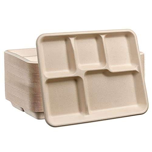 Comfy Package, 100% Compostable 5 Compartment Plates [125 Pack] Eco-Friendly Disposable Sugarcane 10 inch Paper Trays - Brown Unbleached