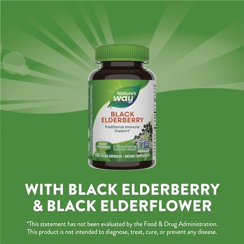 Nature's Way Black Elderberry Supplement, Traditional Immune Support*, With Elderberry and Elderflower, Plant Powered, 100 Capsules (Packaging May Vary)