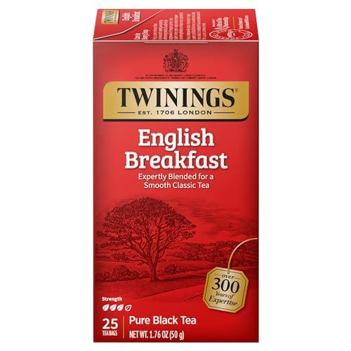 Twinings English Breakfast Individually Wrapped Tea Bags, 25 Count (Pack of 6), Caffeinated, Flavourful, Robust Black Tea, Enjoy Hot or Iced