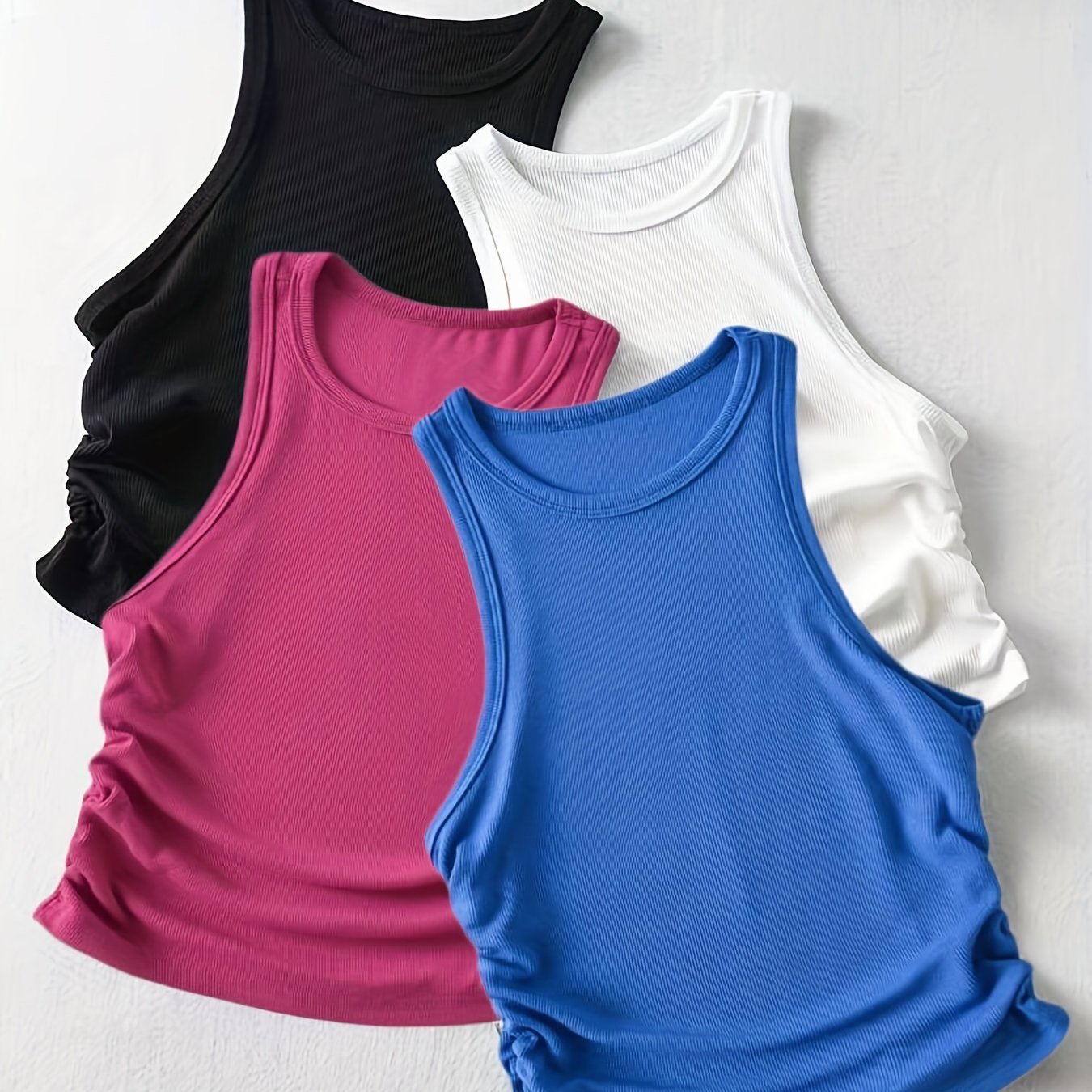 4 Packs Side Ruched Tank Tops, Y2K Crew Neck Tank Tops For Summer, Women's Clothing