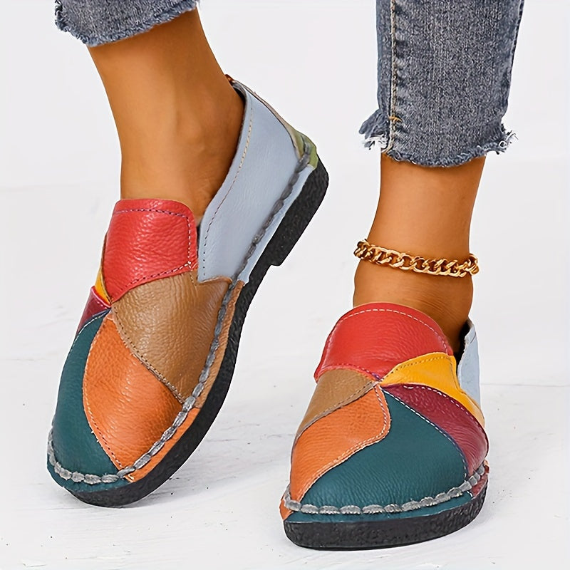 [Fashion Loafers] Soft Colorblock Women's Flat Loafers | Fashion Round Toe Slip On Faux Leather Shoes, Casual Walking Anti-skid Shoes