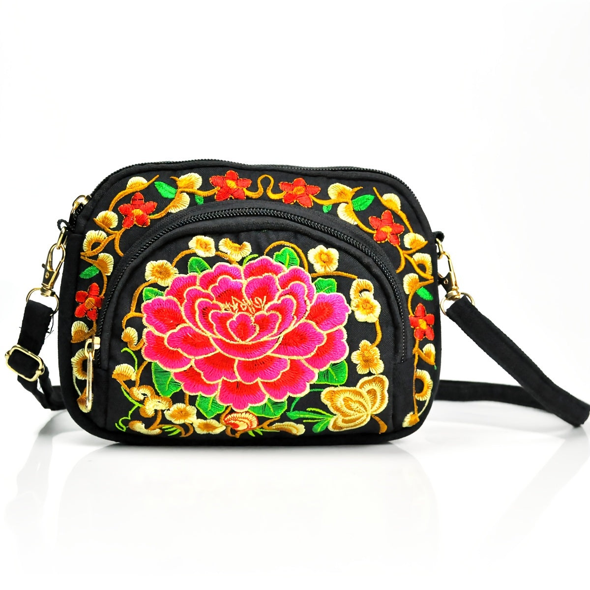 [Vibrant Crossbody Bag] Lightweight Double-Sided Vibrant Floral Embroidered Crossbody Bag for Women | Detachable Strap, Zipper Closure, Phone Pocket - Perfect for Casual Outings, Travel Accessory