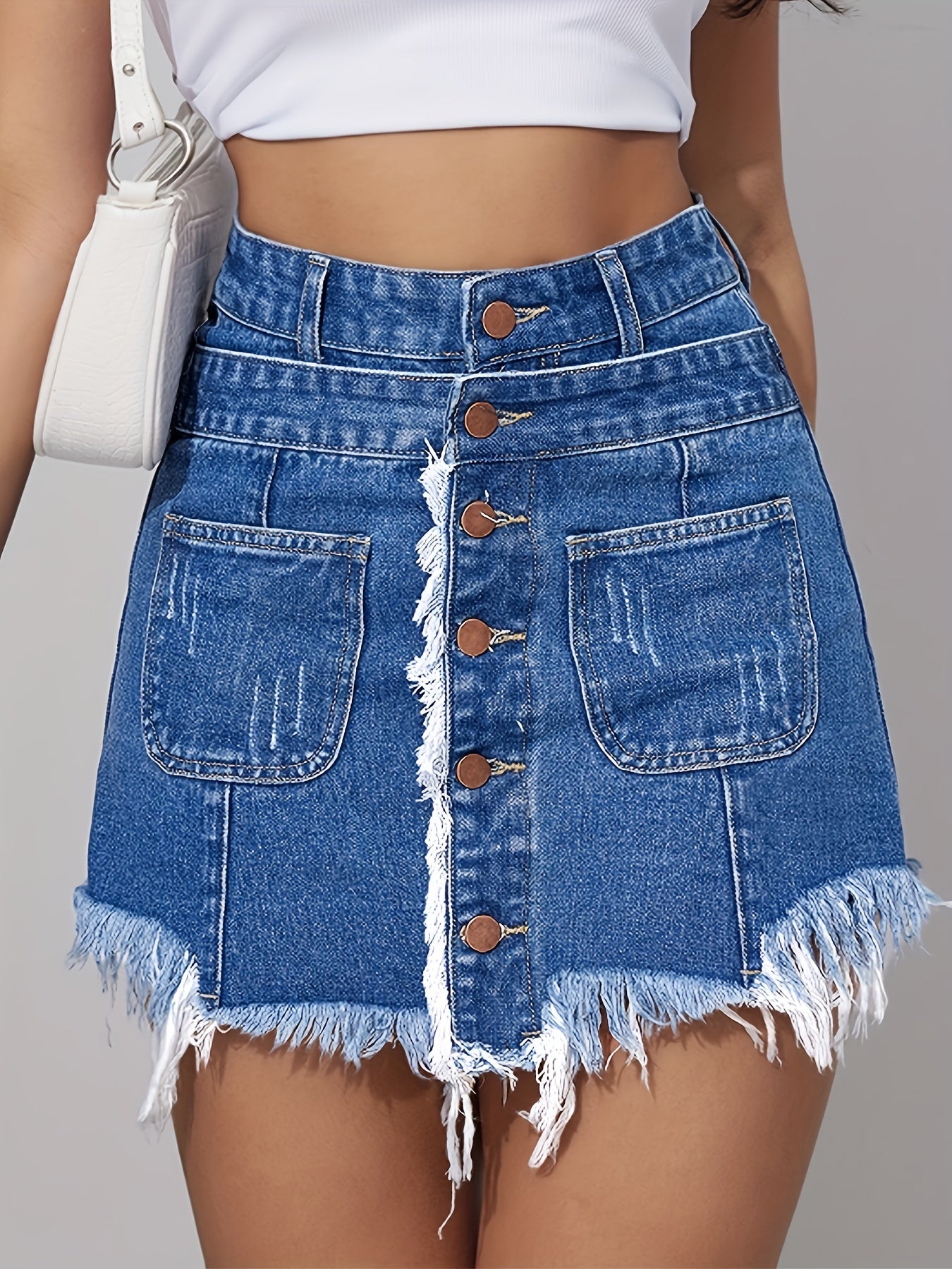 Women's High-Waisted Denim Shorts Skirted Shorts, Distressed Fringe Raw Hem Skorts, Elastic Waist, Loose Fit, Slimming, Preppy Style, Casual Summer Fashion