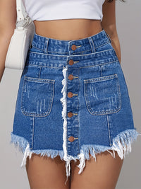 Women's High-Waisted Denim Shorts Skirted Shorts, Distressed Fringe Raw Hem Skorts, Elastic Waist, Loose Fit, Slimming, Preppy Style, Casual Summer Fashion