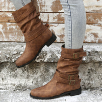 Mid Calf Ruched Buckle Solid Color Retro Western Short Boots For Women Cowboy Boots