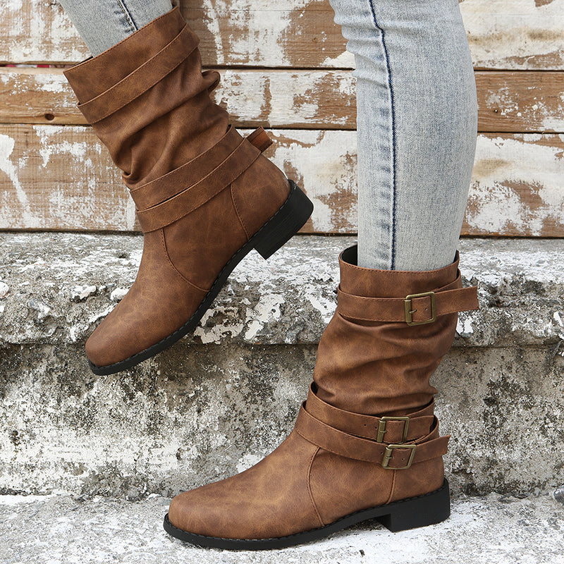 Mid Calf Ruched Buckle Solid Color Retro Western Short Boots For Women Cowboy Boots