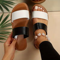 Women's Contrast Color Slide Sandals, Casual Slip On Flat Summer Shoes, Lightweight Beach Shoes