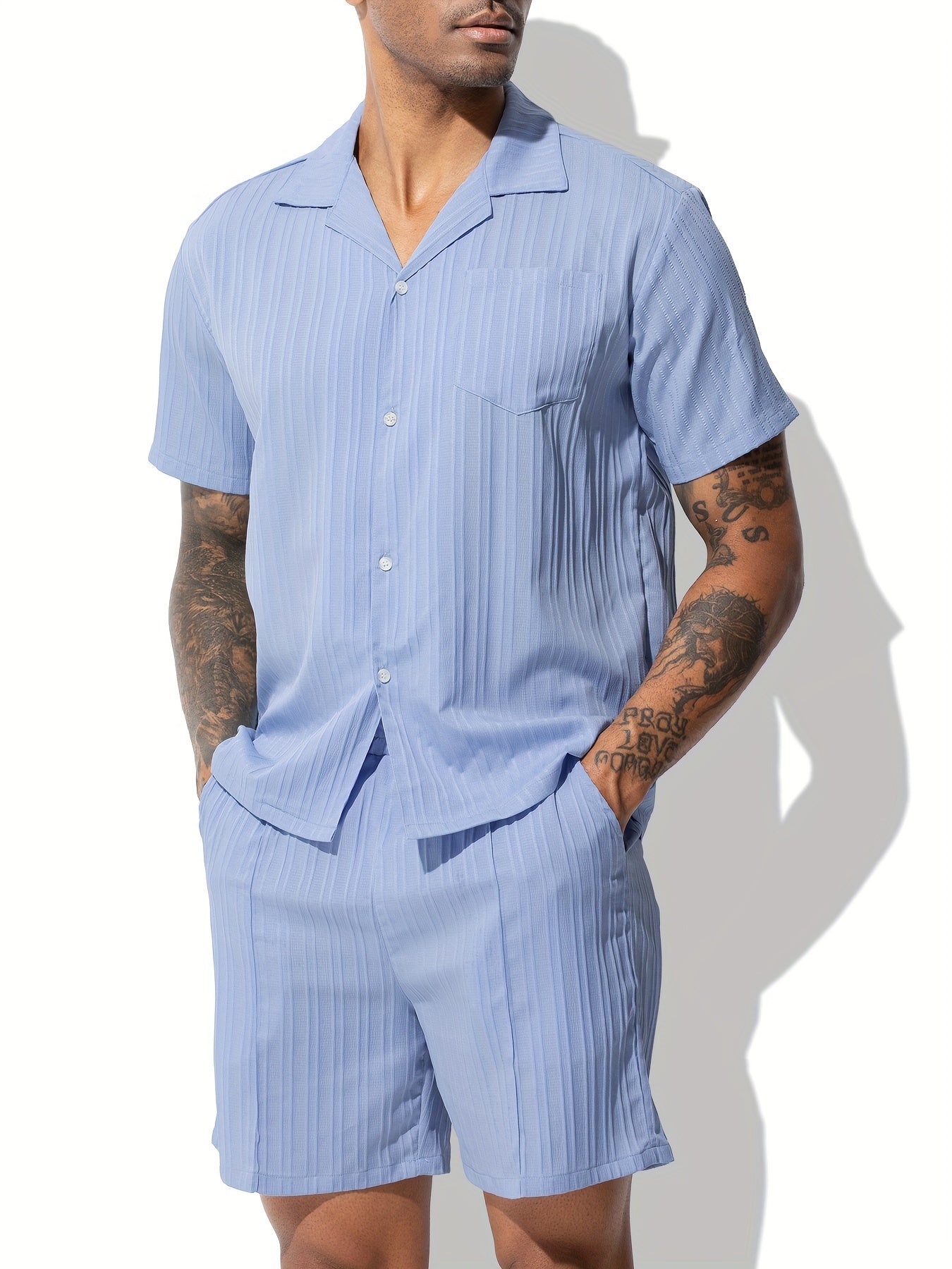 Men's Casual Shirt Set, Men's Casual Striped Shirt and Drawstring Striped Shorts Set, Men's Suit Collar Shirt Suit. Men's Summer Vacation, Everyday Wear Shirt Suit