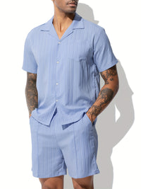 Men's Casual Shirt Set, Men's Casual Striped Shirt and Drawstring Striped Shorts Set, Men's Suit Collar Shirt Suit. Men's Summer Vacation, Everyday Wear Shirt Suit