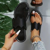 Women's Flat Slide Sandals, Black Open Toe Non Slip Toe Loop Shoes, Casual Outdoor Beach Slides