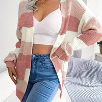 Striped Colorblock V-neck Cardigans, Casual Loose Drop Shoulder Long Sleeve Fall Winter Knit Cardigan, Women's Clothing