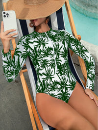 Womens Tropical Print One-Piece Swimsuit - Removable Padded, Long Sleeves, Half Zipper, Crew Neck, Medium Stretch, Quick-Dry Polyester - Surfing Water Sports Competitive Bathing Suit