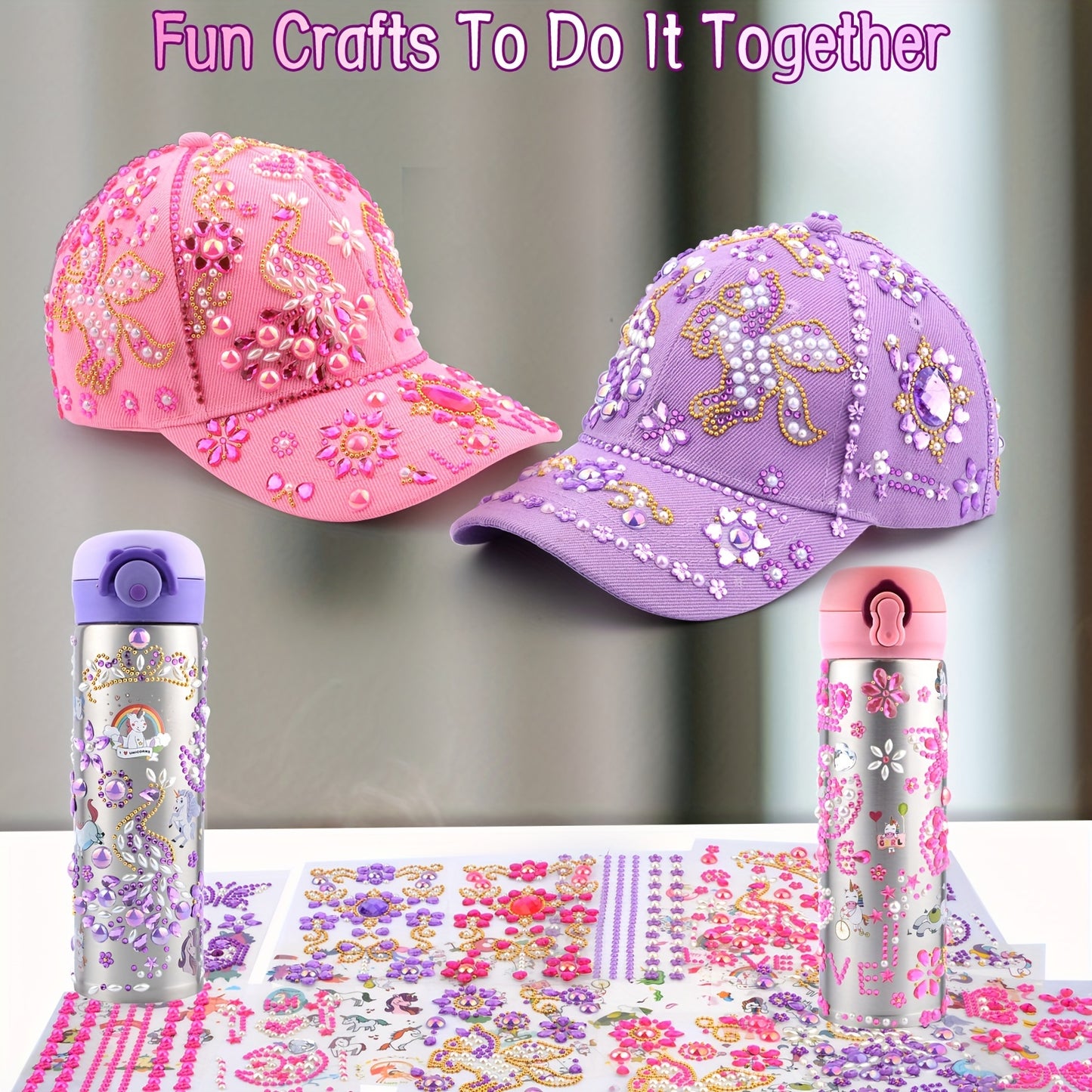 Gifts for Girls 4 5 6 7 8 9 10 11 Year Old, Easter Birthday Gifts Girl, Decorate Your Own Water Bottle Baseball Cap Kids with Glitter Gems & cute Stickers, cute Water Bottles for Girls Age 4-7