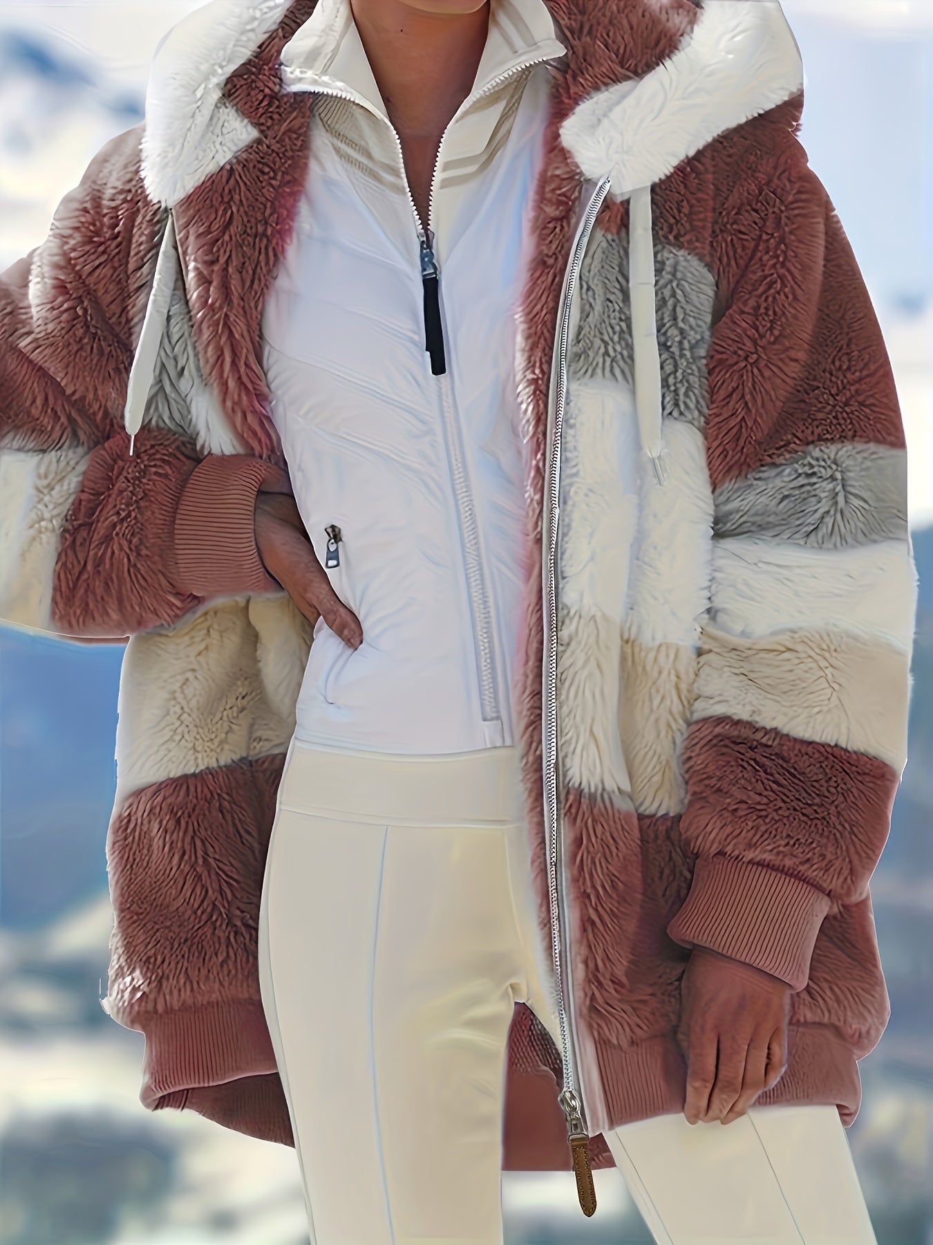 Ultra-Soft Color Block Fuzzy Hooded Coat - Stylish Winter Warm Outerwear with Full-Length Sleeves - Perfect for Casual Wear - Womens Clothing