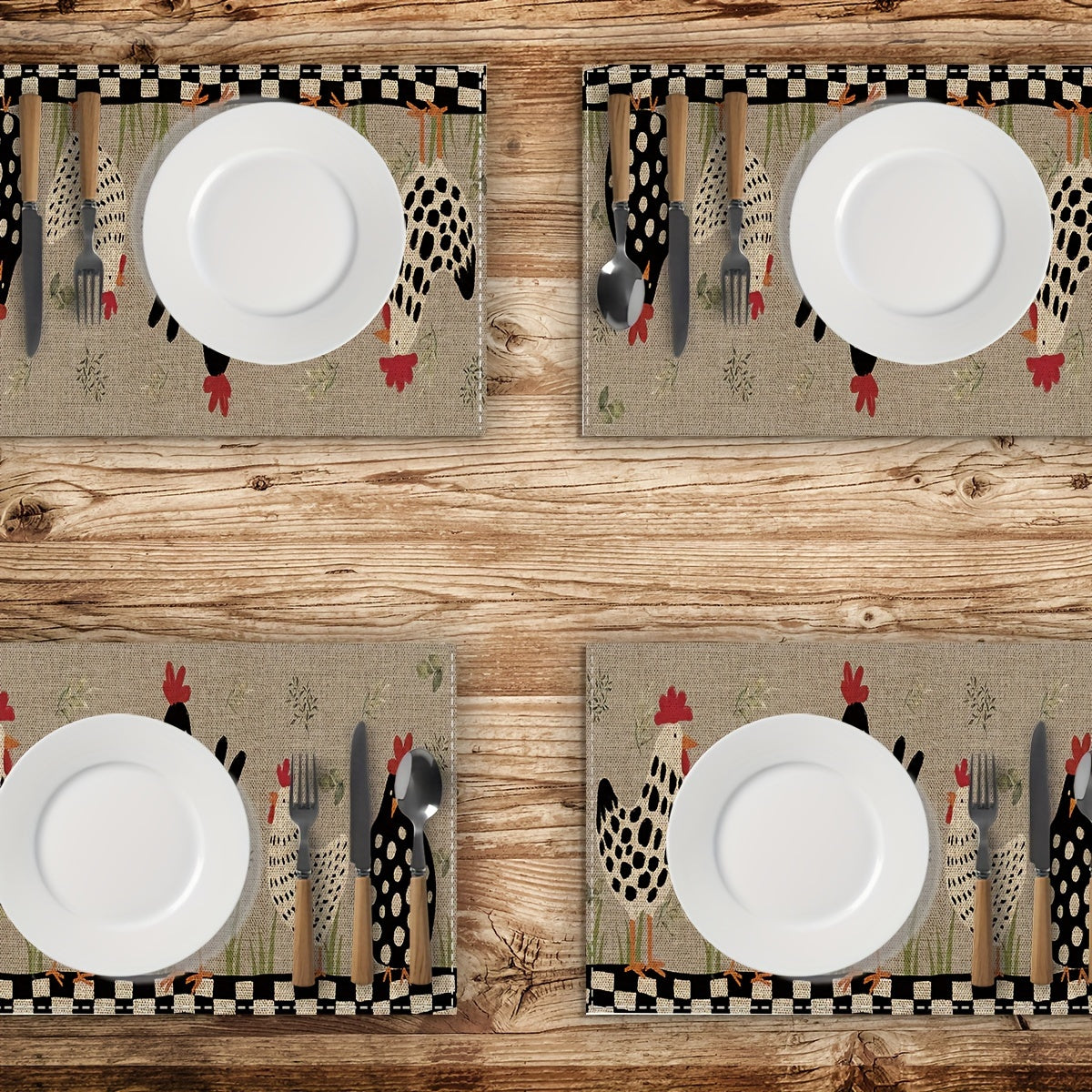 Farmhouse Rooster Kitchen Mats (2/4pcs) - Non-Slip, Washable Linen Placemats, Perfect for Dining & Home Decor, 12x18 Inches