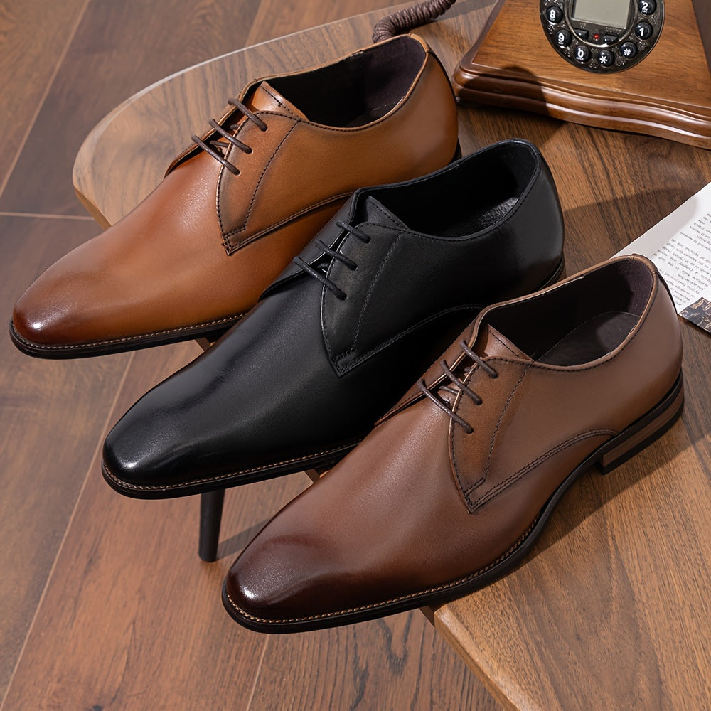 Men's Solid Colour Top Grain Leather Plain Toe Oxford Shoes, Comfy Non Slip Durable Rubber Sole Lace Up Formal Shoes, Men's Footwear