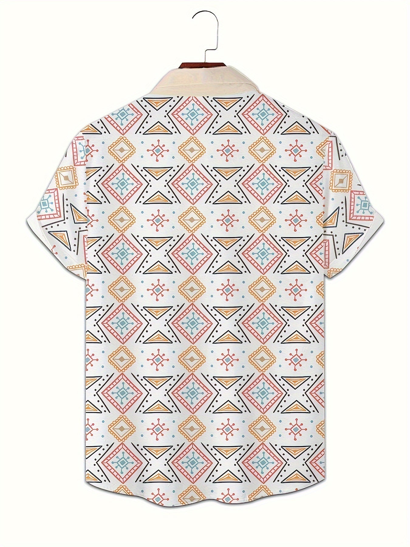 Geometric Print Men's Casual Shirt, Beach Travel Top, Fashionable Short Sleeve Summer Wear, For Beach Outdoor Holiday