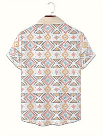 Geometric Print Men's Casual Shirt, Beach Travel Top, Fashionable Short Sleeve Summer Wear, For Beach Outdoor Holiday
