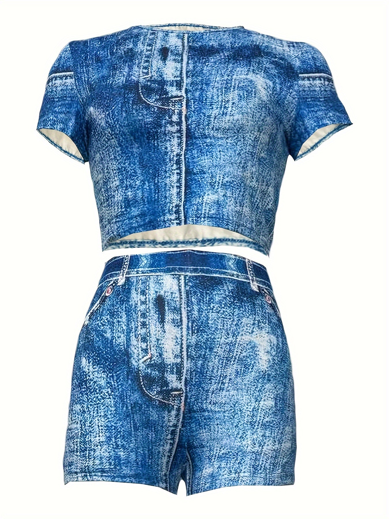 Casual Faux Denim Shorts Set, Crew Neck Short Sleeve Crop T-shirt & Skinny Jegging Shorts Outfits, Women's Clothing