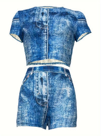 Casual Faux Denim Shorts Set, Crew Neck Short Sleeve Crop T-shirt & Skinny Jegging Shorts Outfits, Women's Clothing