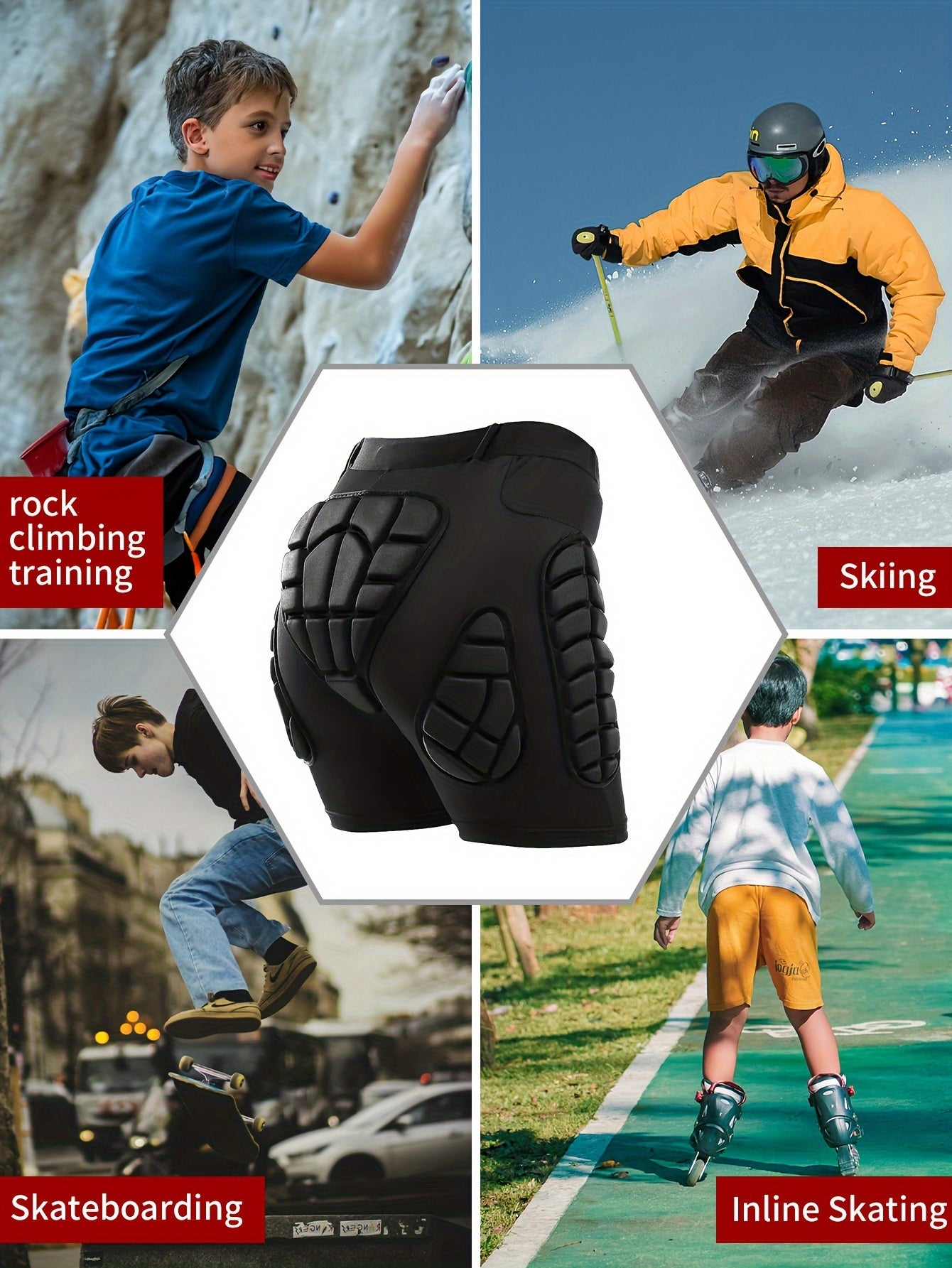 Four Seasons High Stretch Polyester Knit Fabric 3D Padded Shorts for Ice Hockey, Snowboarding, Gymnastics, Roller Skating - Moisture Wicking, Flexible, Regular Fit
