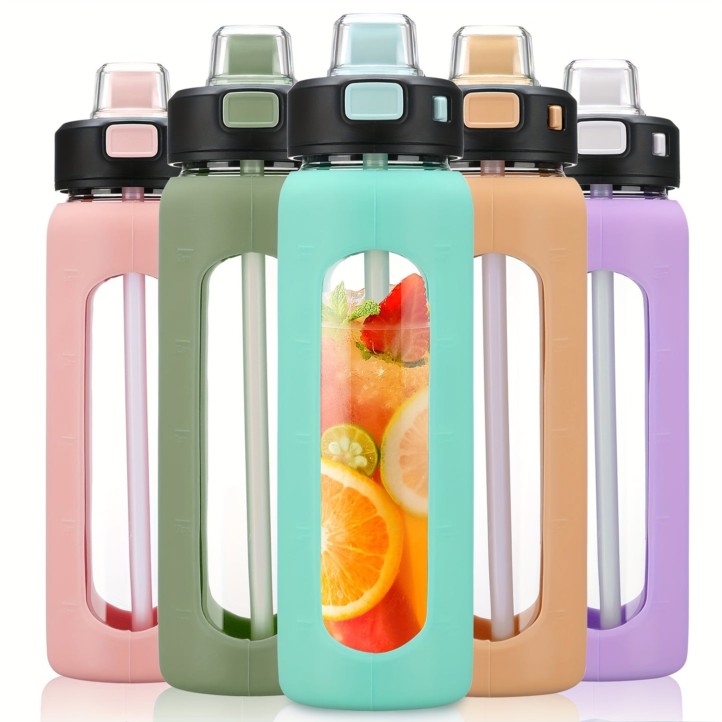 MUKOKO 24oz Glass Water Bottle With Straw, Motivational Water Bottles With Time Marker And Silicone Sleeve, Glass Bottle With Locking Lid And Carry Loop