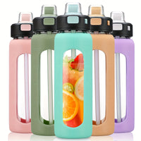 MUKOKO 24oz Glass Water Bottle With Straw, Motivational Water Bottles With Time Marker And Silicone Sleeve, Glass Bottle With Locking Lid And Carry Loop