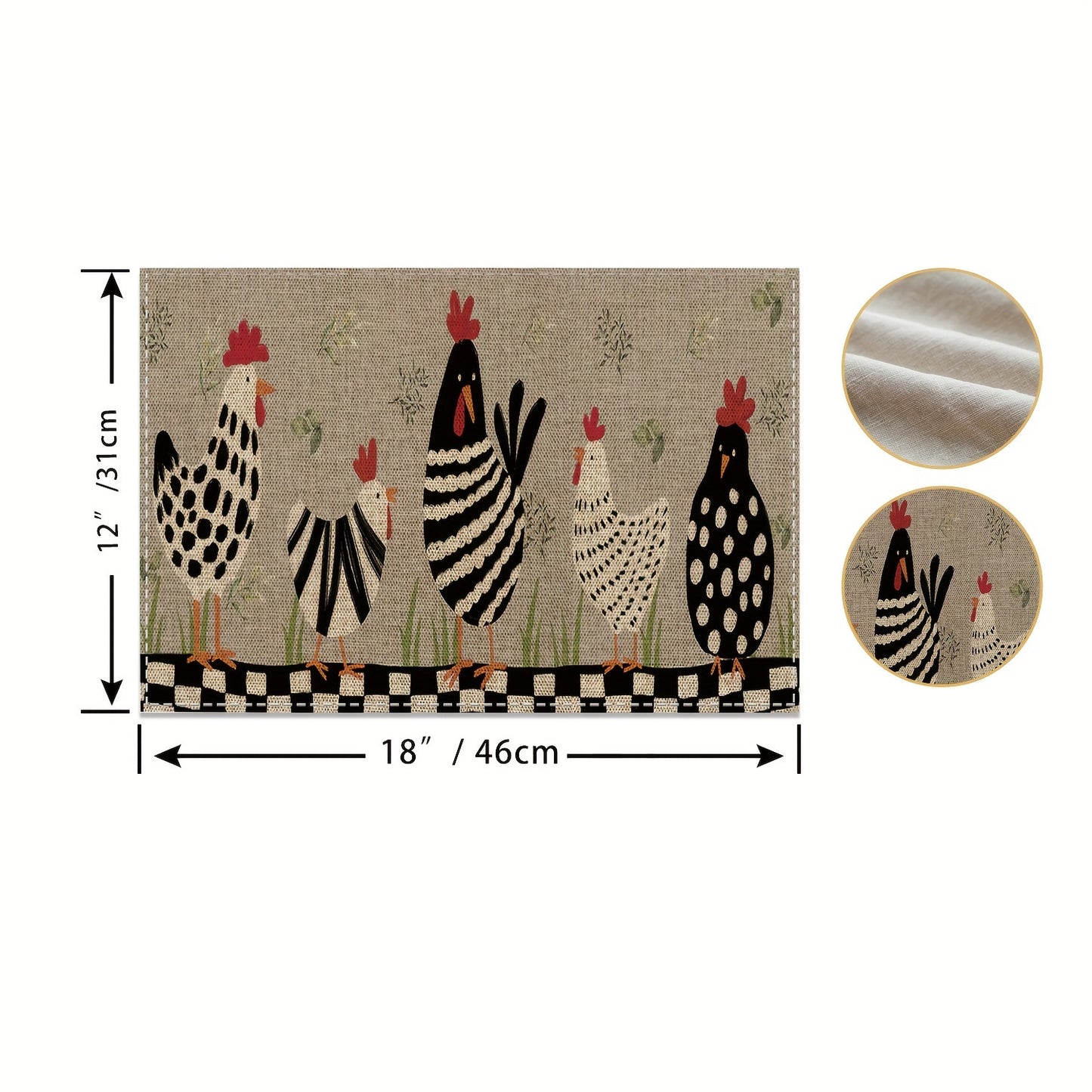 Farmhouse Rooster Kitchen Mats (2/4pcs) - Non-Slip, Washable Linen Placemats, Perfect for Dining & Home Decor, 12x18 Inches