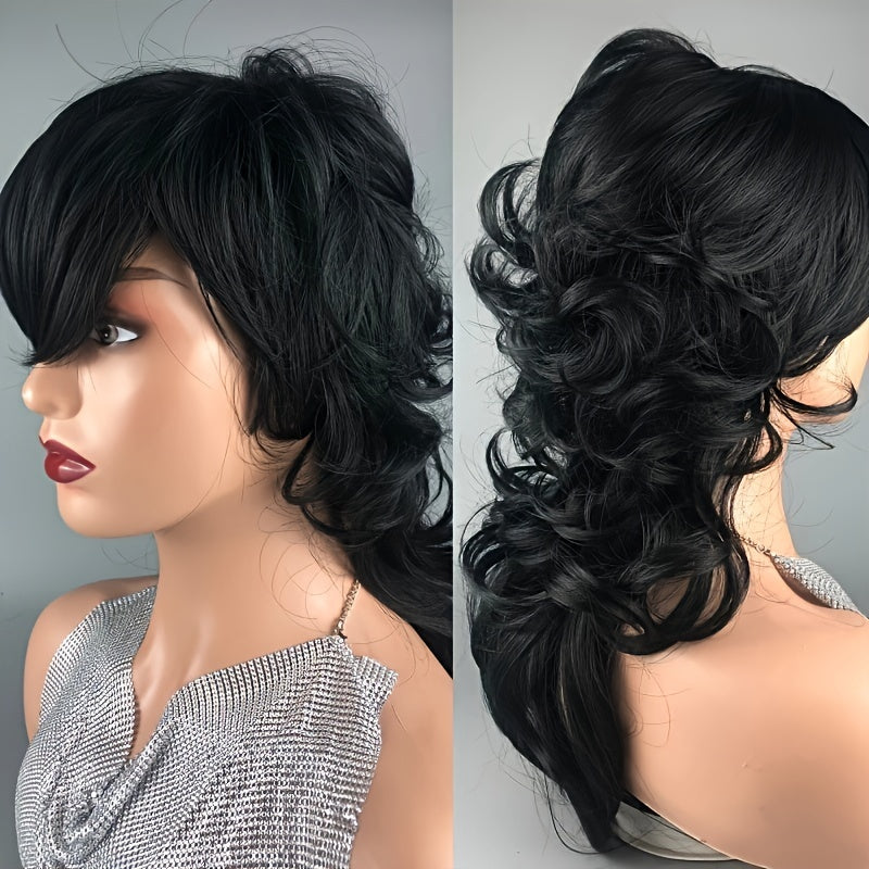 [Heat Resistant Mullet Wig] 180% Density Heat Resistant Synthetic Hair Wig - Chic Pixie Cut Mullet for Women - Long Wavy Style with Bangs, Beginner-Friendly, Voluminous Body Wave Texture