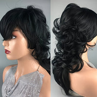 [Heat Resistant Mullet Wig] 180% Density Heat Resistant Synthetic Hair Wig - Chic Pixie Cut Mullet for Women - Long Wavy Style with Bangs, Beginner-Friendly, Voluminous Body Wave Texture