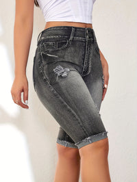 Ripped Roll Up Raw Hem Denim Shorts, Double Button Distressed Bermuda Denim Shorts, Women's Denim Jeans & Clothing