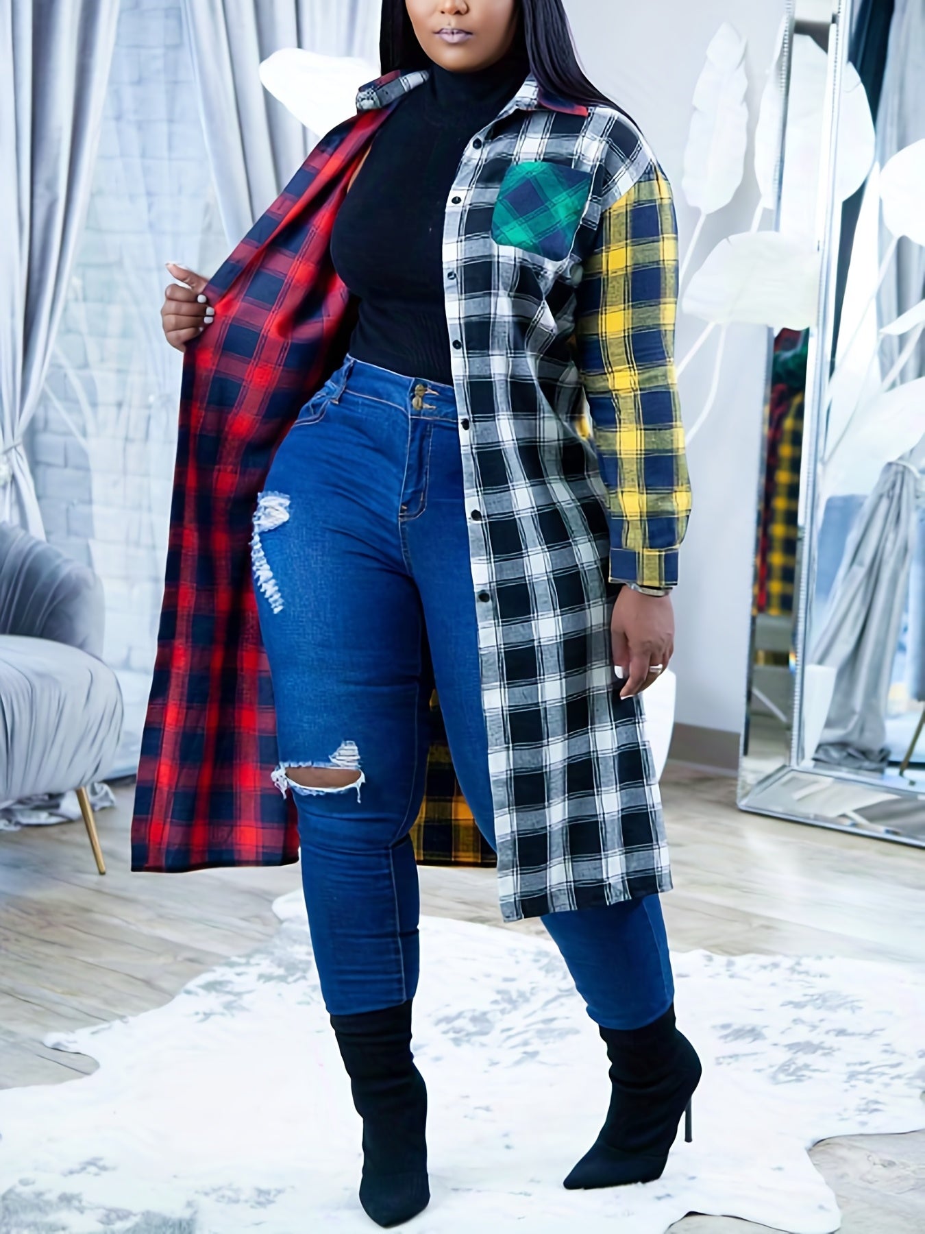 Color Block Plaid Patchwork Lapel Collar Trench Coat, Polyester Non-Stretch Woven Fabric, Fall Season Women'S Clothing