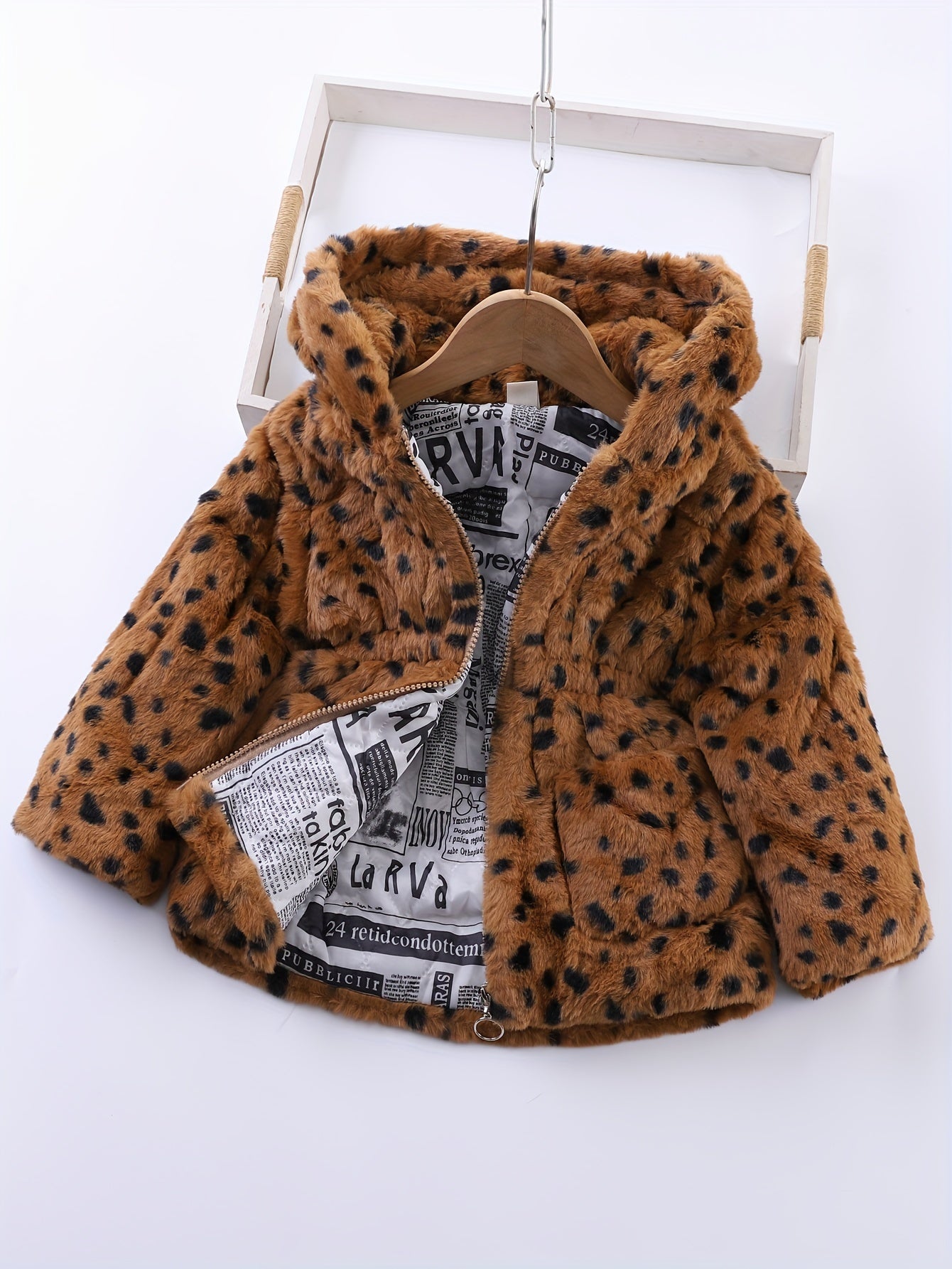 Winter Girl's Fleece Leopard Print Coat, Casual Hooded Jacket For Kids