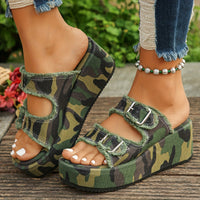 Stylish Womens Denim Platform Sandals - Square Open Toe, Buckle Strap, Slip-on, EVA Sole, Comfortable Strappy Back Slide Shoes for Summer Outdoor Activities