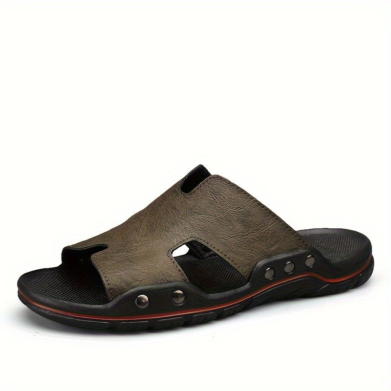 Men's Trendy Open Toe Breathable Split Cow Leather Upper Slippers, Comfy Non Slip Casual Rubber Sole Slides, Men's Footwear