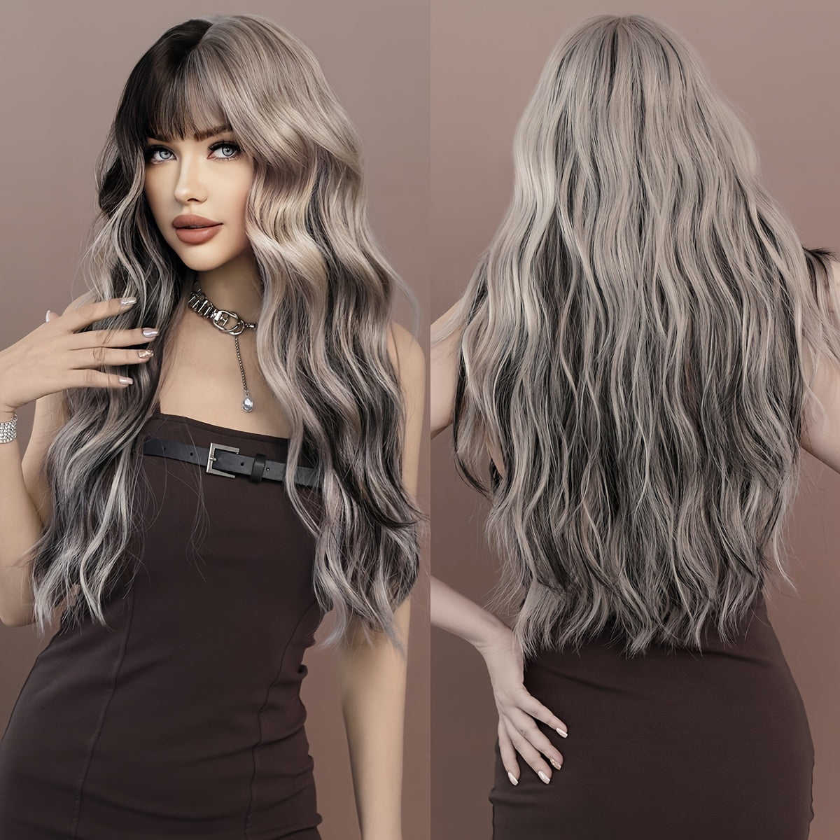 Highlight Long Curly Wavy Wig With Bangs Synthetic Wig Beginners Friendly Heat Resistant Elegant For Daily Use Wigs For Women