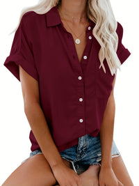 Women'S Short Sleeve V-Neck Button-Up Shirt with Pockets - Light Gray, Casual Summer Top, Perfect for Vacation or Casual Attire, Vacation Clothing | Buttonup Shirt | Glossy Texture