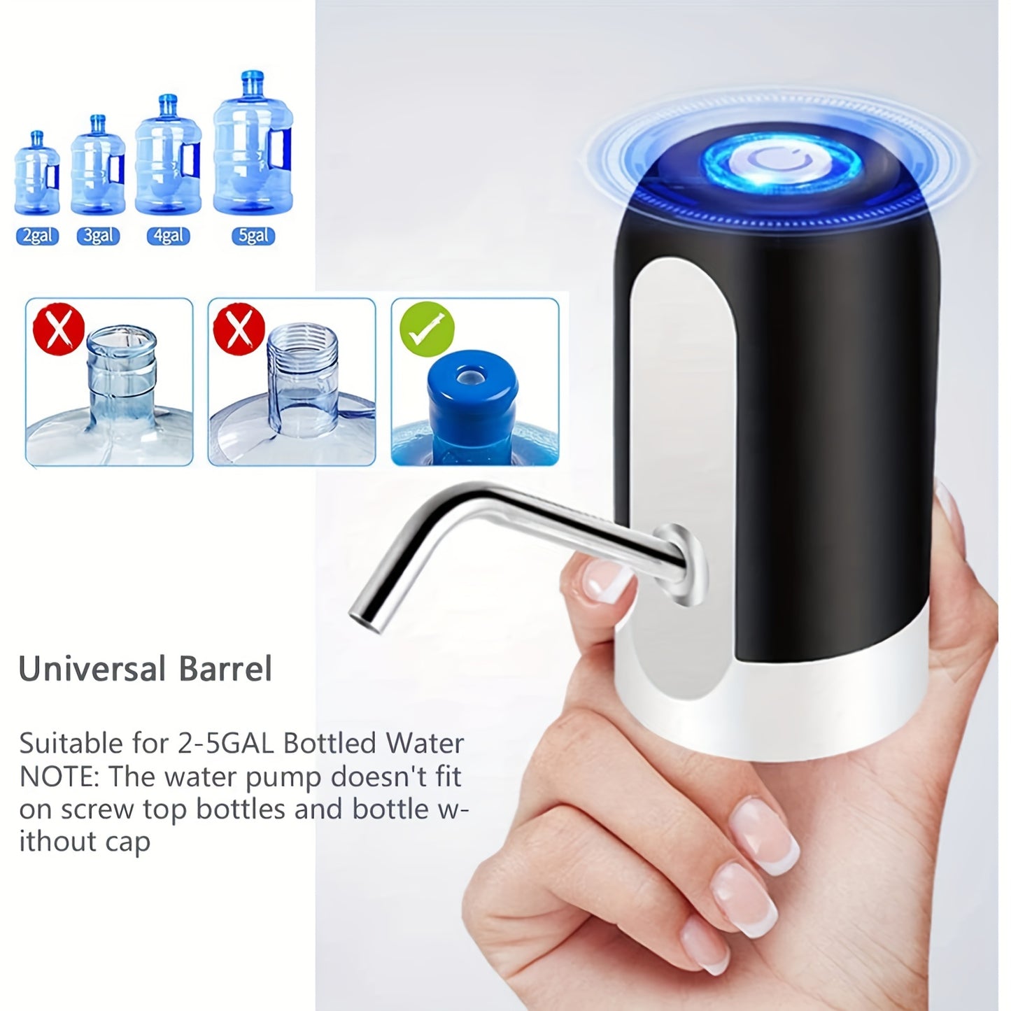 [Sanhao Electric Pump] Sanhao 1pc Electric Water Jug Pump - USB Rechargeable Automatic Drinking Water Dispenser for 3-5 Gallon Bottles - Portable Insert Mount with Built-in Lithium Battery for Camping, Sleek Design, Transpare