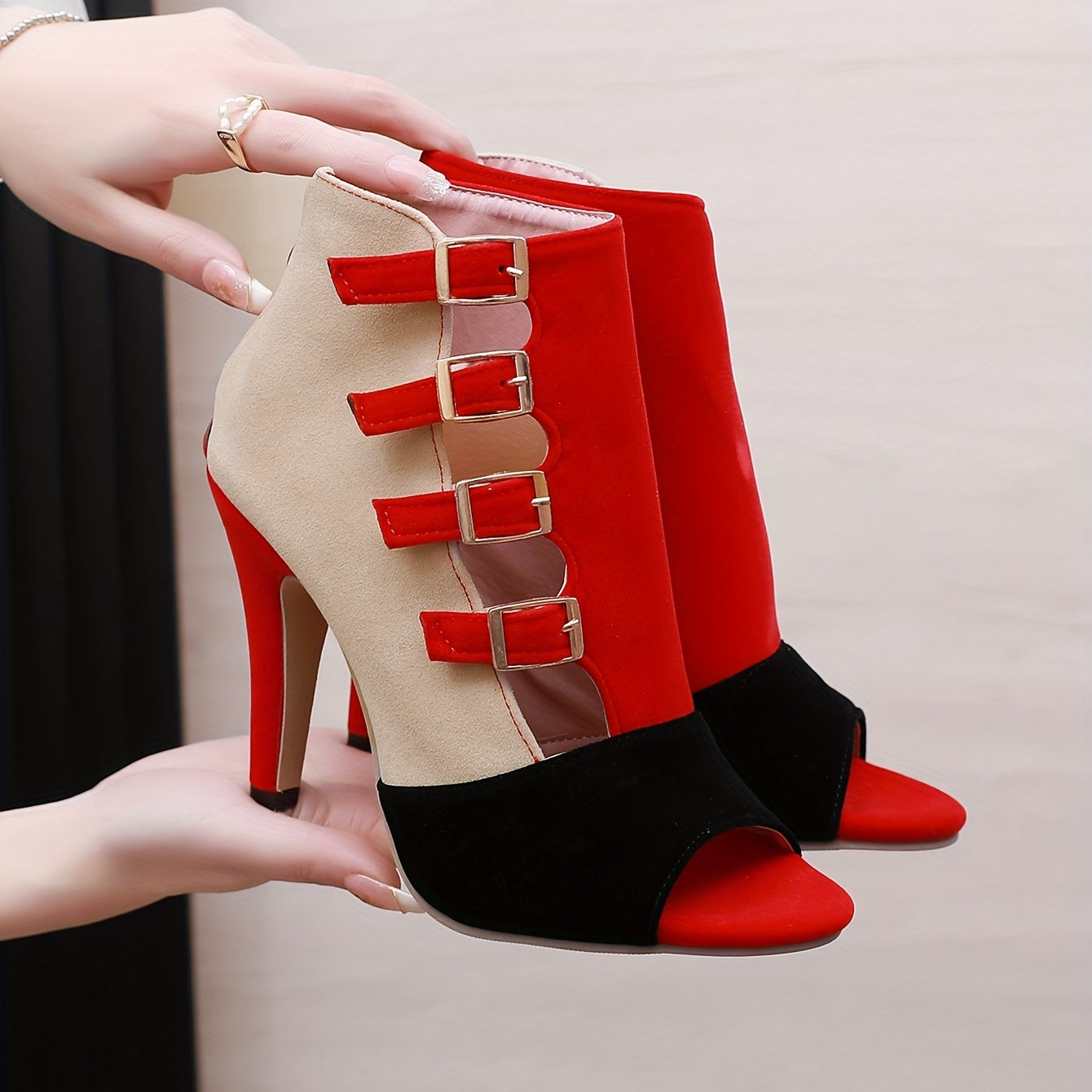 [Colorblock Heeled Stiletto Sandals] Women's Colorblock Stiletto Heeled Sandals, Sexy Buckle Straps Peep Toe High Heels, Fashion Dress Pumps