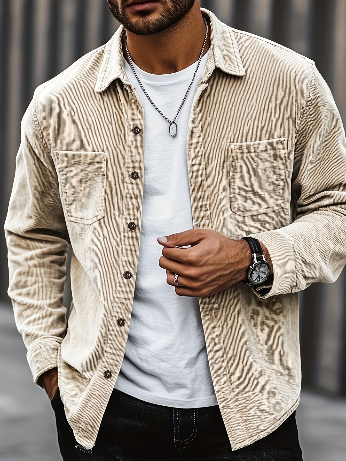 [Corduroy Casual Shirt] Light Blue Corduroy Men's Casual Shirt Jacket | Classic Collar, Button-Up Long Sleeve with Double Chest Pockets, Perfect for Spring & Fall, Everyday Fashion, Street Style, and Office Wear