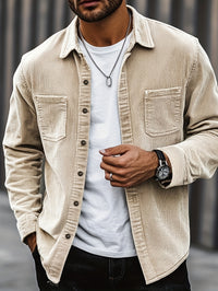 [Corduroy Casual Shirt] Light Blue Corduroy Men's Casual Shirt Jacket | Classic Collar, Button-Up Long Sleeve with Double Chest Pockets, Perfect for Spring & Fall, Everyday Fashion, Street Style, and Office Wear