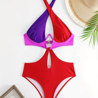 Colorblock Halter Neck One Piece Swimsuit, Cut Out Backless High Cut Bathing Suit, Women's Swimwear & Clothing