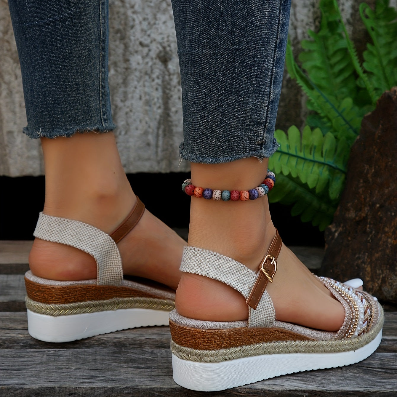 Chic Braided Wedge Sandals - Open Toe Ankle Buckle Adjustables - Elastic Slingback Comfort - Boho Summer Style