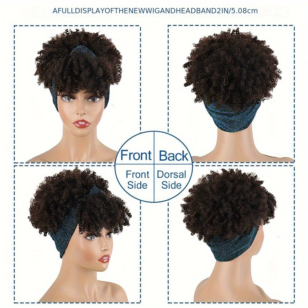 Headband Wigs For Women, Synthetic Short Afro Kinky Curly Wigs Dark Brown Wig With Bangs Wrap Wigs 2 In 1 Turban Wig Drawstring High Puff Wigs Headwrap Wigs With Headband Attached Updo Music Festival