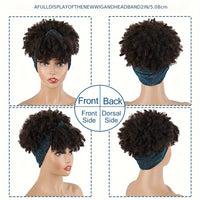 Headband Wigs For Women, Synthetic Short Afro Kinky Curly Wigs Dark Brown Wig With Bangs Wrap Wigs 2 In 1 Turban Wig Drawstring High Puff Wigs Headwrap Wigs With Headband Attached Updo Music Festival