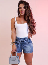 Women's Elastic Waist Drawstring Denim Shorts, Sexy High Waist Jean Hot Pants, Spring/Summer Street Style, Casual Fit, Light Blue