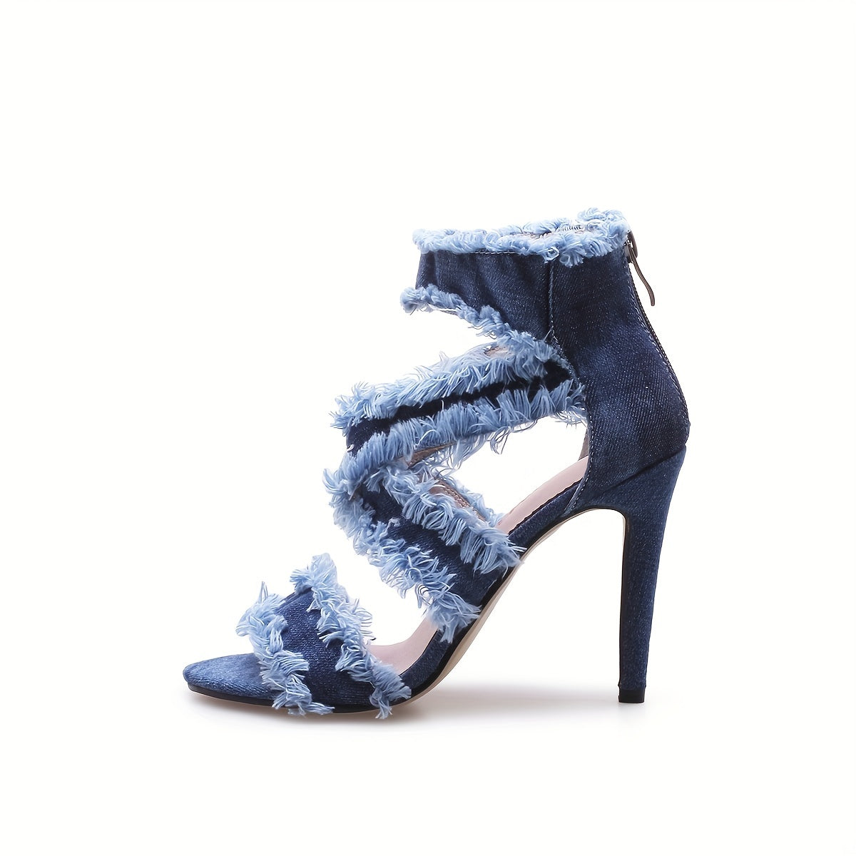 Women's Denim Stiletto Sandals, Cross Strap Peep Toe Cut-out High Heels, Back Zipper Design Sandals