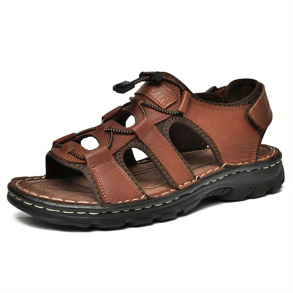 Plus Size Men's Top Grain Leather Vintage Old School Style Open Toe Breathable Sandals With Adjustable Buckle, Comfy Non Slip Durable Beach Water Shoes, Men's Footwear